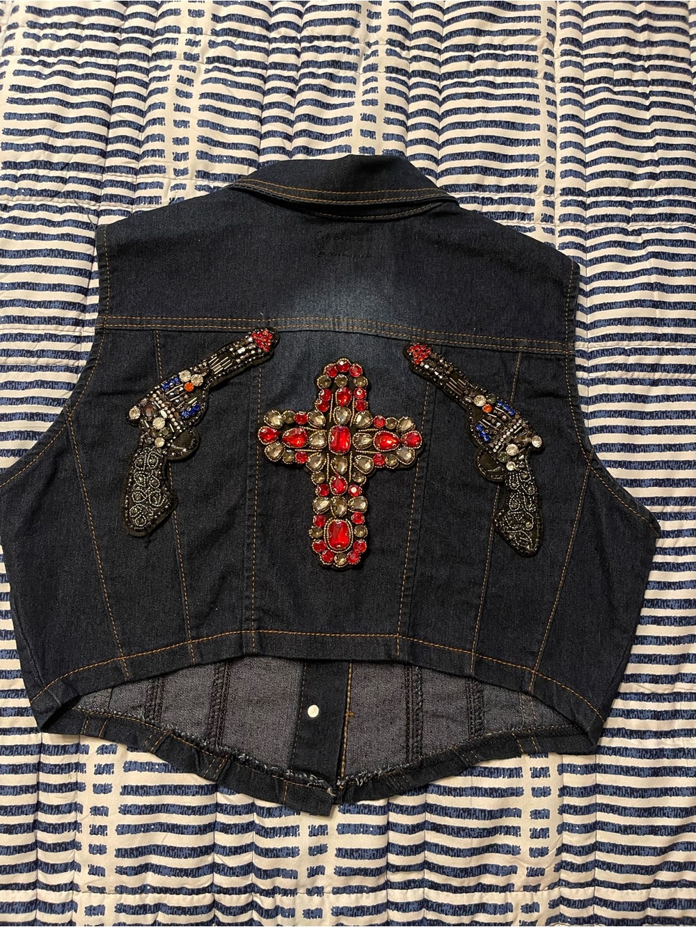 Dark Denim Women's Vest with Red Jeweled Cross and Accent Embellishments